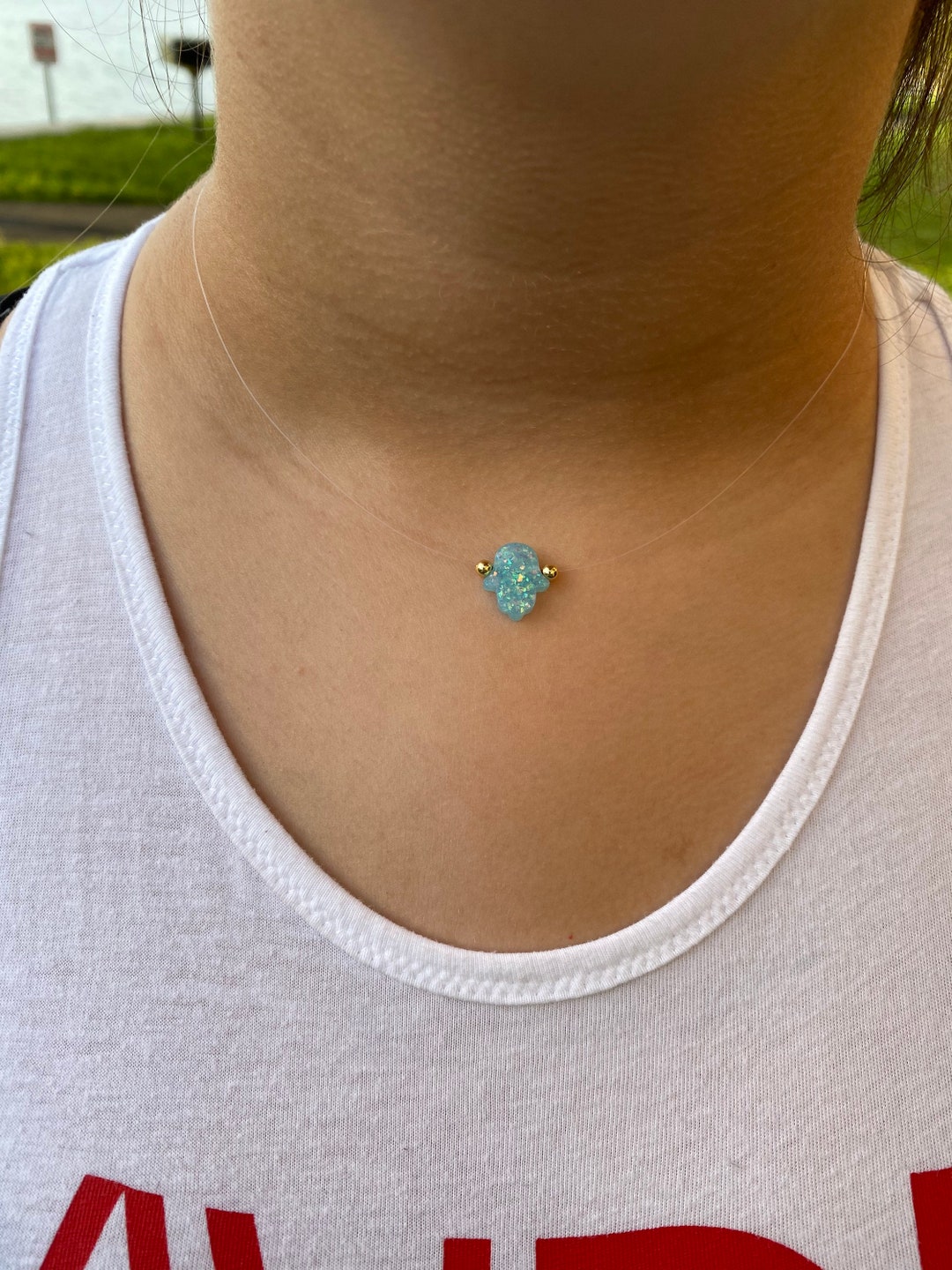 Handmade Synthetic Opal Hamsa Invisible Necklace, image size:1080x1440