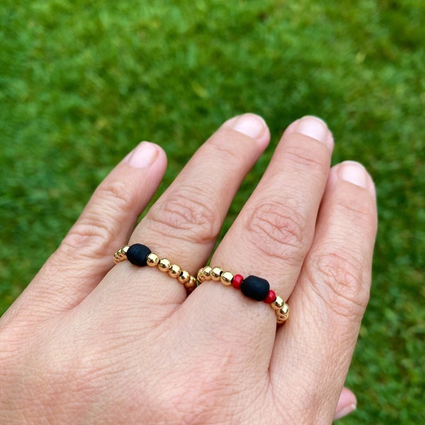 Azabache Ring •Gold Filled Beads 3mm• Genuine Azabache with Red coral • Protection Ring • Azabache Jewelry •Minimalist Ring •