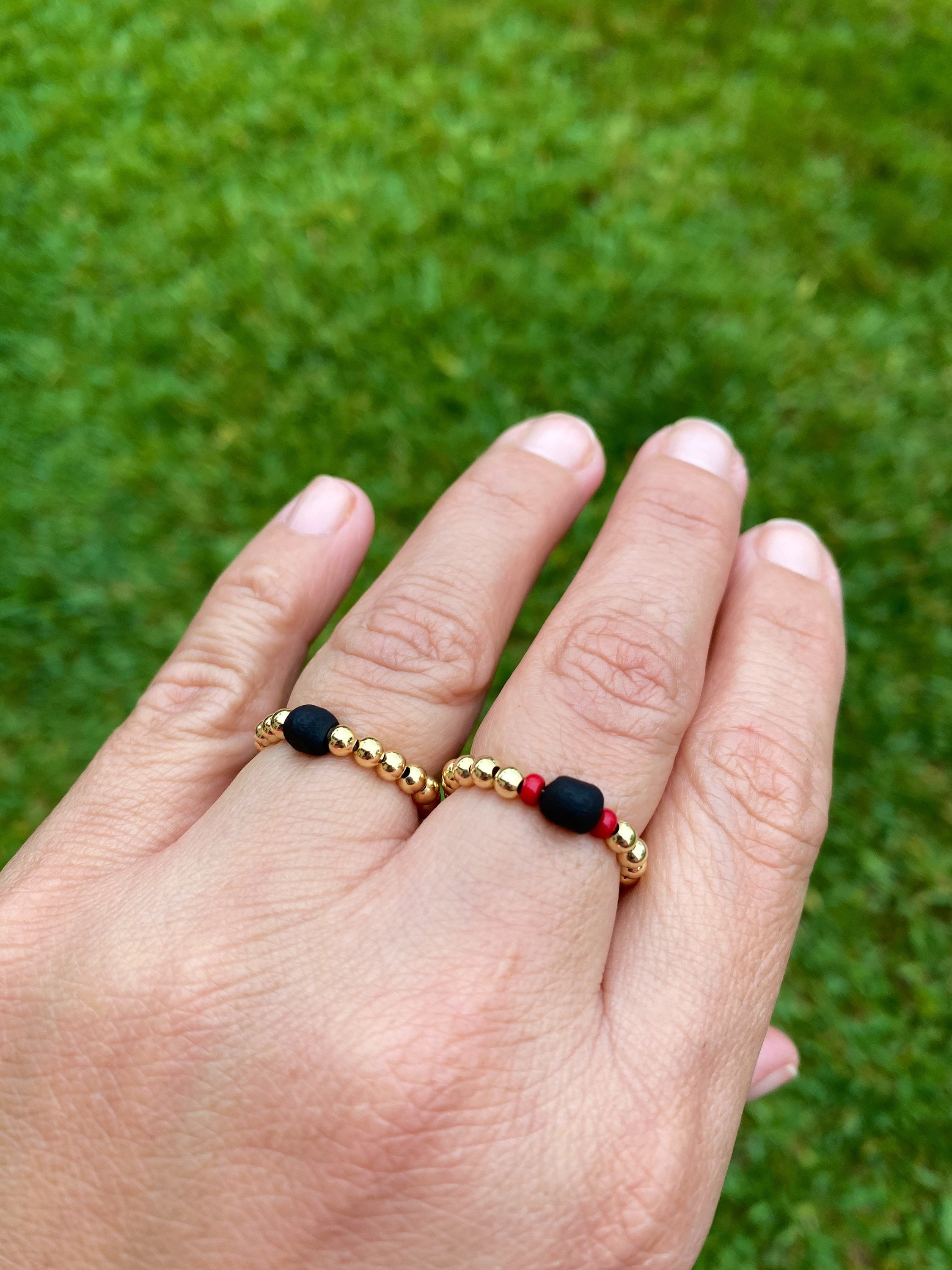 Azabache Ring •Gold Filled Beads 3mm• Genuine Azabache with Red coral • Protection Ring • Azabache Jewelry •Minimalist Ring •