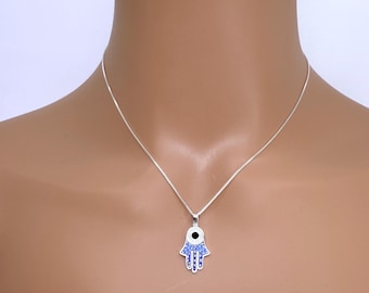 Collar de mano de Hamsa de plata esterlina: amuleto protector contra el mal de ojo azul