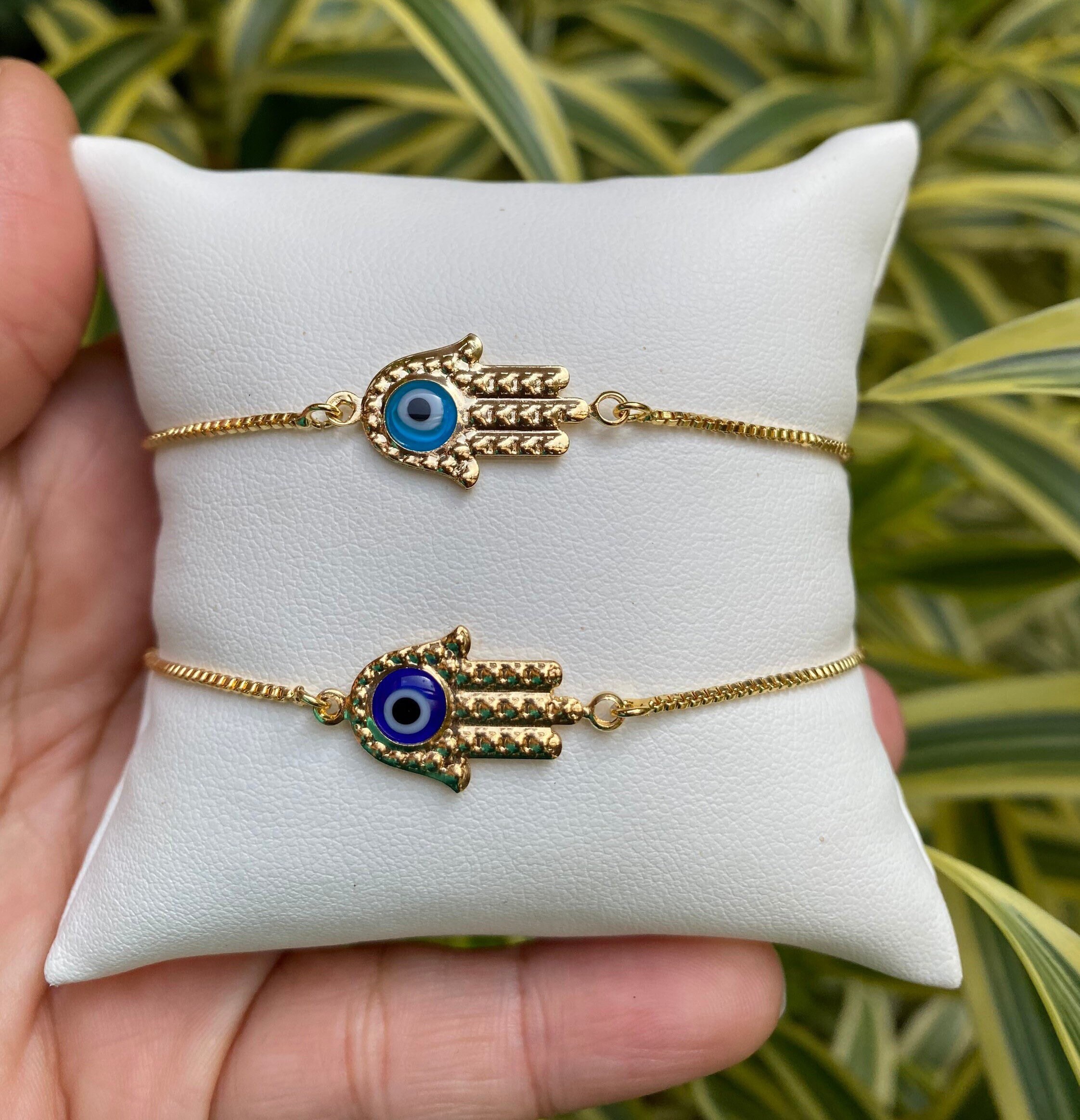 Braccialetto con ciondoli a forma di mano di Fatima (Hamsa) e di occhio Evil Eye di colore blu, in argento Sterling 925, con zirconia cubica, dimensioni: 16,5 cm + 3,8 cm