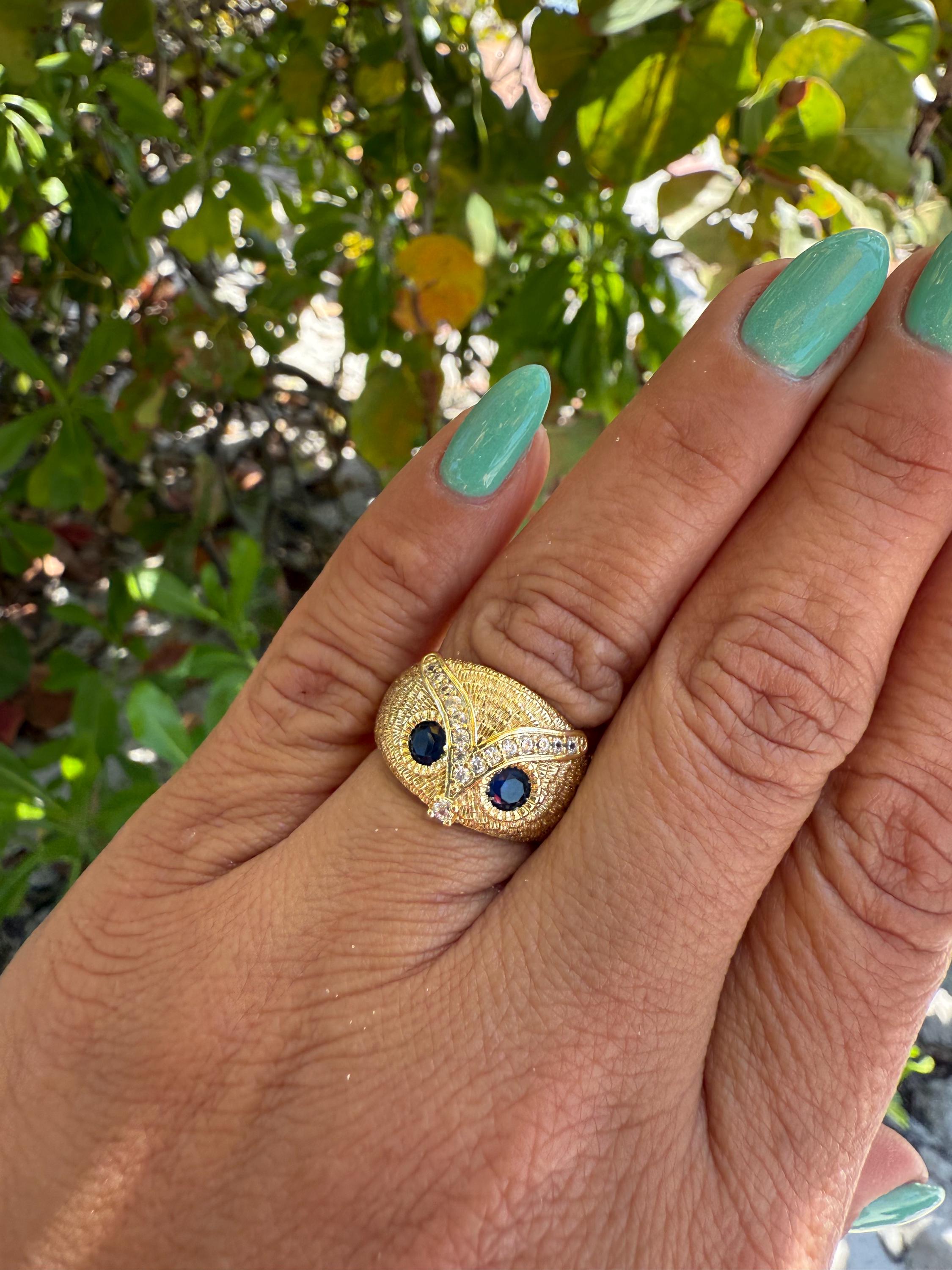 Sapphire Owl Ring: Golden Brass Cubic Zirconia Ring, US Size 6 1/2