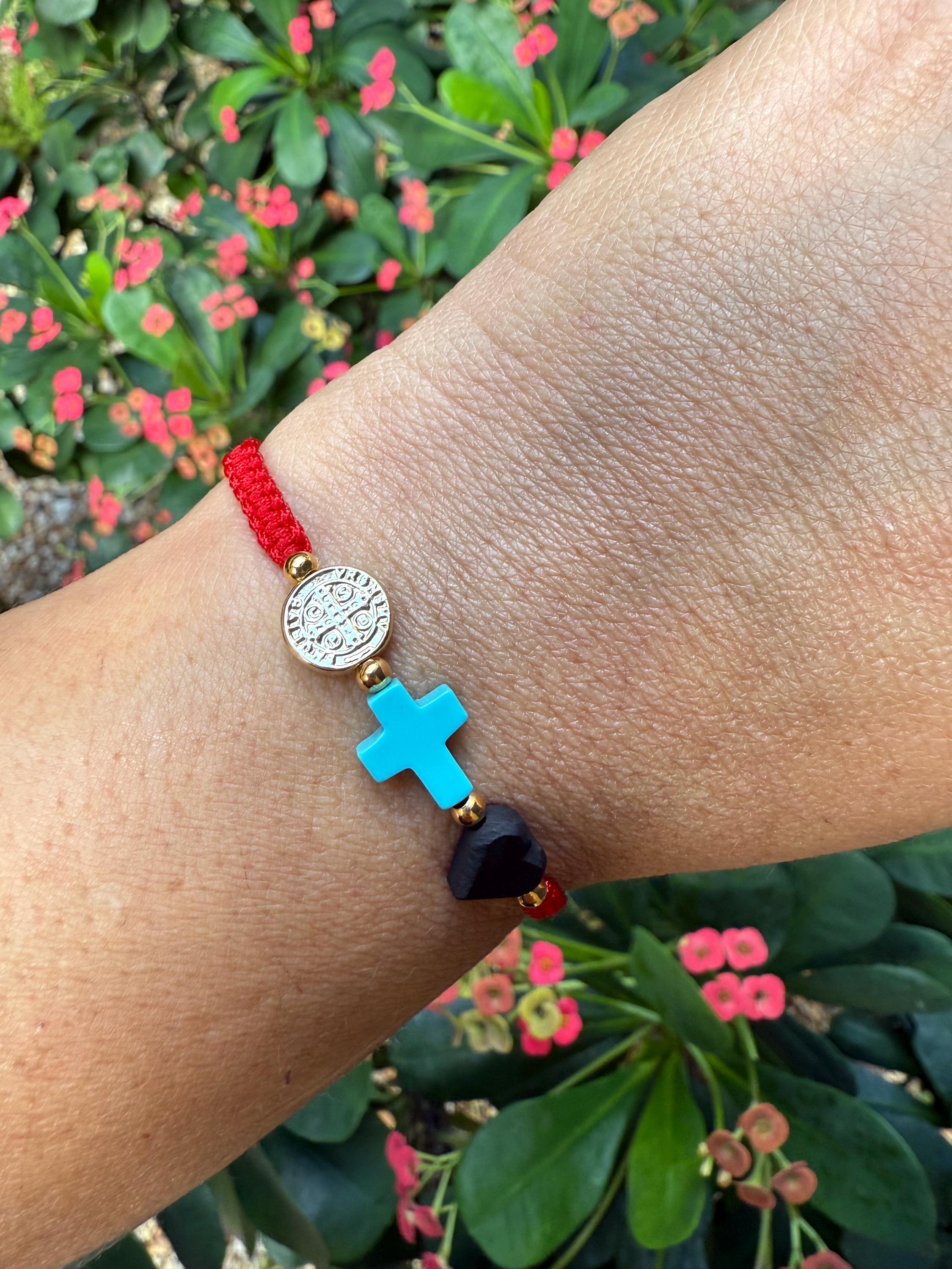 Handmade Red String Protection Bracelet, Azabache, Turquoise Cross