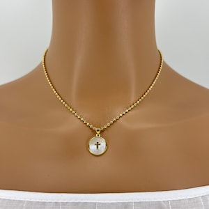 Perlmutt Kreuz Halskette •Gold Kreuz Halskette •Religiöser Schmuck •erste Kommunion Geschenk •Taufgeschenk •Goldschmuck •zarte Halskette