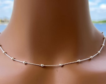 Sterling Silver Beaded Satellite Chain Necklace: Dainty Layering Jewelry