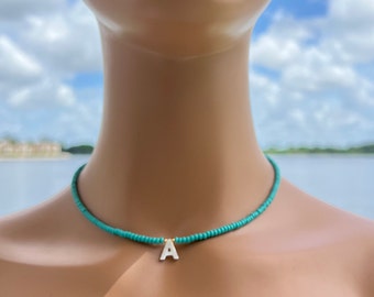 Personalized Turquoise Seed Bead Necklace: Mother of Pearl Initial