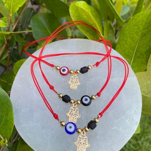 Fußkettchen Schmuck mit Jet Stein Evil Eye und Hamsa, verstellbares Fußkettchen, echtes Azabache, türkisches Evil Eye, Hand von Fatima.