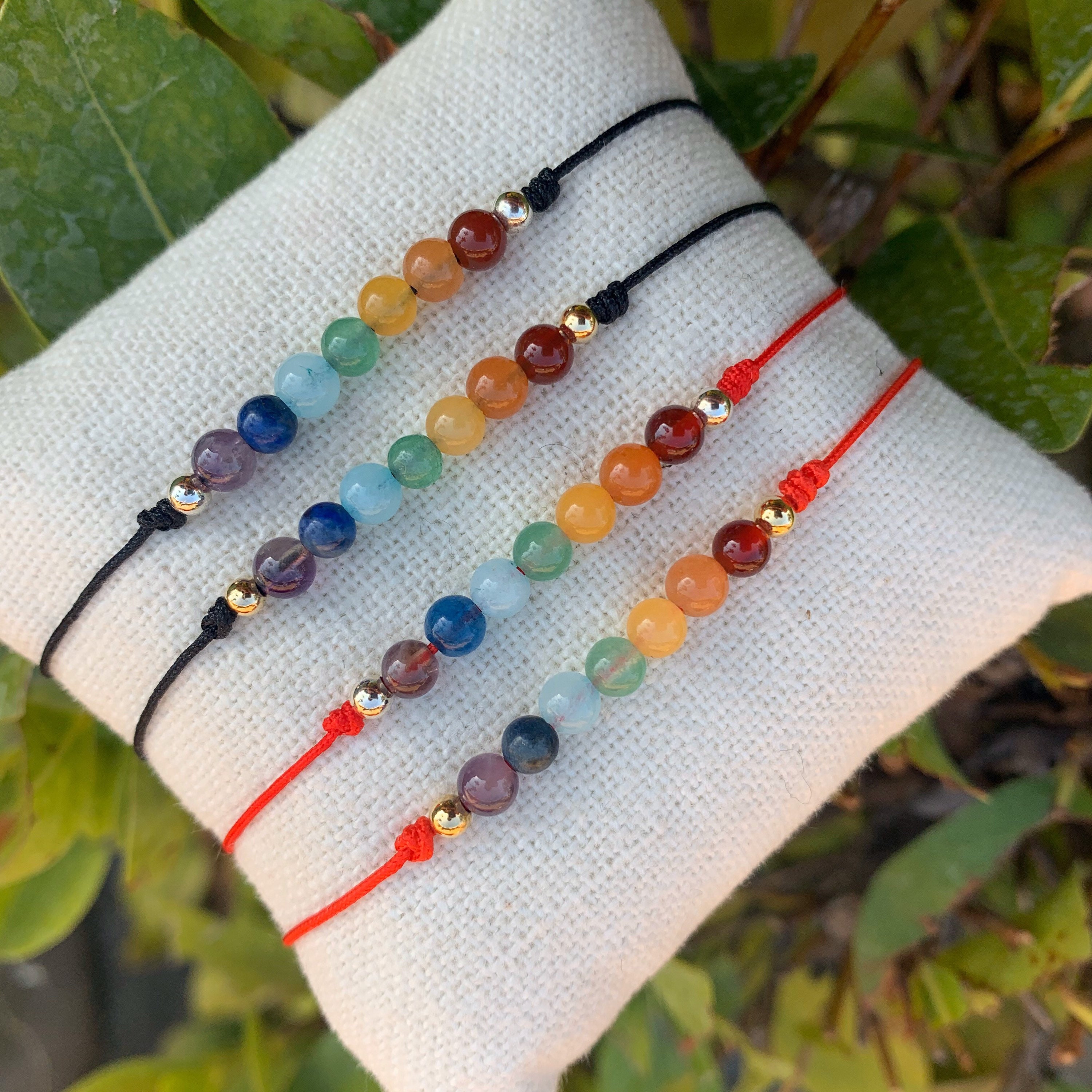 White flat hemp twine bracelet or anklet with 7 Chakra gem beads