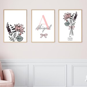 Personalized Floral Birth Month Nursery Art – Custom Name Wildflower Prints, Digital Coquette Wall Decor for Girl’s Room or Baby Shower Gift