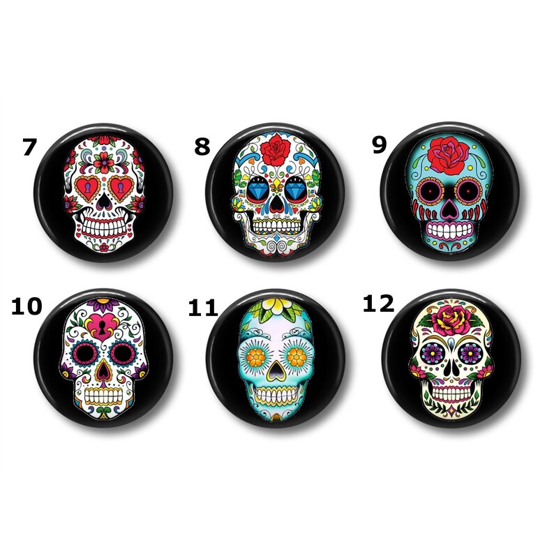 Sugar Skulls magnets or pins office magnets Choose your own set of 6! fridge magnets refrigerator magnets Sugar Skulls buttons