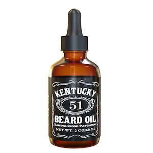 May include: A brown glass bottle with a black dropper top and a black label that reads "Kentucky 51 Beard Oil Sandalwood Patchouli Net Wt. 2 oz/60 ml".