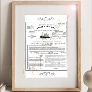 Könnte beinhalten: Gerahmter Druck eines White Star Line Third Class-Tickets mit einer Schiffsillustration und Text. Das Ticket mit der Nummer 92300 wird in einem Holzrahmen präsentiert, der sich für die Inneneinrichtung eignet. Der Druck enthält den Text "Titanic".