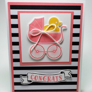 Handgemaakte kinderwagen en badeendje gestreepte babykaart meisje of jongen, welkom baby, nieuwe babykaart, blauw en bruin, roze en zwart, gefeliciteerd