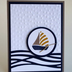 Handgemachte Segelboot Nautik Karte , Wellen, maskulin, marine blau und braun, Danke, Geburtstag, Glückwünsche oder jede Anlasskarte