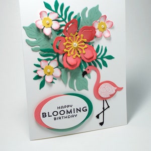 Handgemachte Flamingo Tropische Blumen Wow Geburtstagskarte, Spaß Geburtstag, Florida, rosa und grün, Blumen und Farne, blüht, hallo Karte