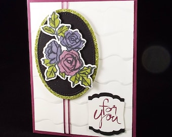 Handmade Fancy Glitter Roses Embossed For You card, Happy Birthday / Get Well / Thank you / A Happy Hello / Mother’s Day