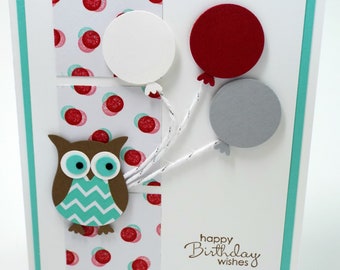 Tarjeta de feliz cumpleaños hecha a mano con búho, lunares y globos, tarjeta de cumpleaños infantil caprichosa, tarjeta de búho con globos, baby shower