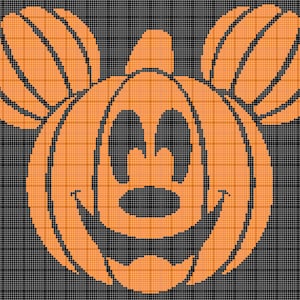 May include: An orange pumpkin carved to look like Mickey Mouse. The pumpkin has a wide smile, two large eyes, and a small black nose.