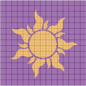 May include: A yellow sun with rays, on a purple background. The sun is a simple design with a circle and rays.