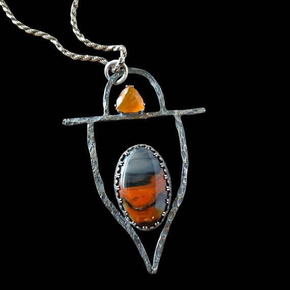 Handcrafted Rustic Brutalist Sterling Necklace With Mexican Fire