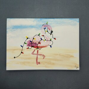 Flamingo Weihnachtskarte handgemalt Sommer tropisch beachy Weihnachtsinsel Key West Urlaub leuchtet Florida