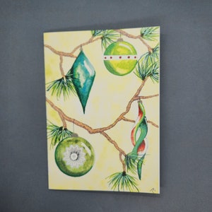 Cartão de Natal com ornamentos vintage verdes pintados à mão