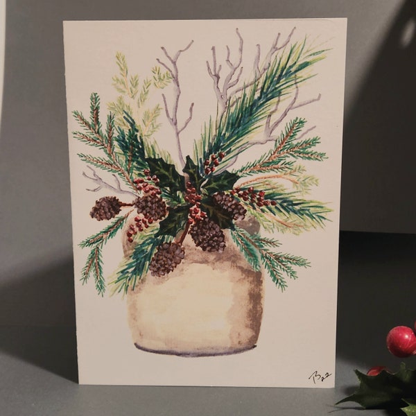 Pine Bough in Pot Hand Painted Holiday Card Christmas natural nondenominational