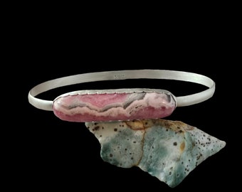 Handcut Argentinian Rhodochrosite Sterling Silver Bangle Bracelet