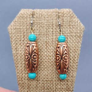 Hand Beaded Carved Copper and Turquoise Dangle Boho Earrings