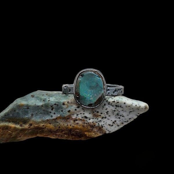 Handcut Australian Boulder Opal Hammered Unisex Silver Ring