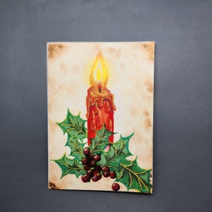 Cartão de Natal Holly com Vela Vermelha Pintada à Mão