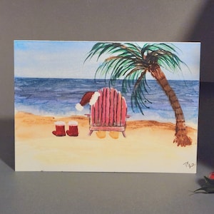 Święty Mikołaj na plaży Malowana ręcznie świąteczna karta lato tropikalna plażowa Boże Narodzenie Key West wyspa wakacje Floryda