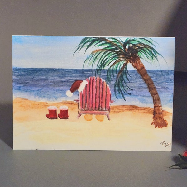 Santa at the Beach Hand Painted Holiday Card summer tropical beachy Christmas Key West island holiday Florida