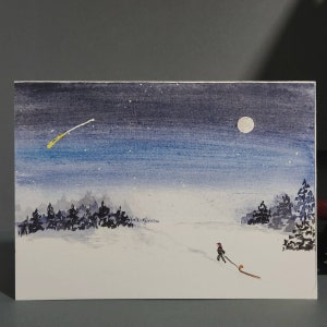 Tarjeta navideña pintada a mano Noche de invierno con trineo