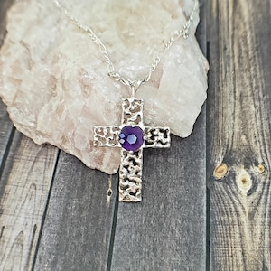 Handcut Amethyst Silver Cross Necklace