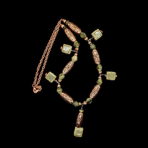 Hand Beaded Ceramic Necklace – Green & Copper Artisan Jewelry – Earthy Boho Statement Piece