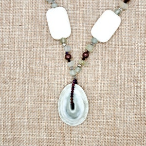 Hand Beaded Seashell Jade Phrenite and Howlite Necklace