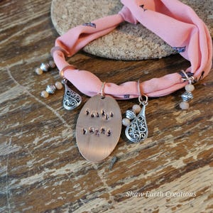 Peach Silk Tie-On Wrap Bracelet with Hand Stamped “Buckle Bunny” Pendant | Beads & Silver Teardrops | Wildspun Boho Jewelry