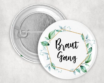 1x Button - Braut Gang Blume 6eck - 59mm Anstecker Pin Brosche Nadel Magnet Flaschenöffner Spange Spiegel Anstecker JGA Hochzeit Jungesellen