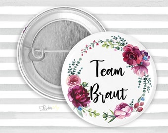 1x Button - Team Braut bunte Blumen - 59mm Anstecker