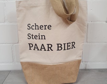 Jute Tasche Schere Stein Paar Bier - Shopper Baumwolle Canvas Einkaufen Beutel