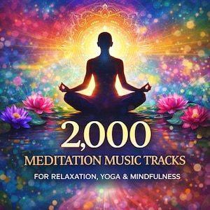 Op de afbeelding: Digitale kunst met een mediterend silhouet tegen een kleurrijke achtergrond. De afbeelding bevat lotusbloemen en de tekst "2,000 MEDITATION MUSIC TRACKS FOR RELAXATION, YOGA & MINDFULNESS."