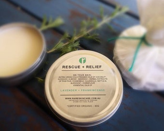 Healing Cream Balm sensitive skin care RESCUE + RELIEF/natural/gift/salve/eczema/dry/itch/bite/burn/sting/sore/moisturiser/lip balm/lavender