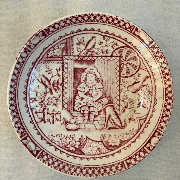 Antique “Little Mae” and Pets Cereal Bowl, Staffordshire Children's Dishes, Red Transferware, 1890’s