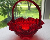 Vintage Fenton Ruby Glass Basket, Art Glass, Bridal Basket, Thumbprint, Crimped Handle, 1960 39 s