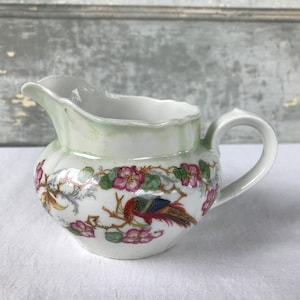 Vintage German Pheasant Bird and Floral Creamer, Small Pitcher with Pheasant Pattern