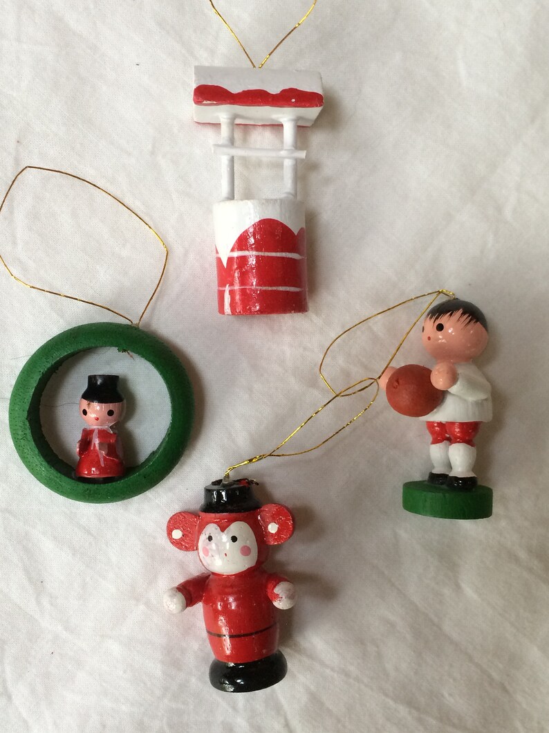Tiny Vintage Wooden Christmas Ornaments Set Of 4 Painted Etsy