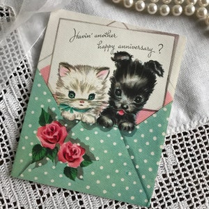 Pretty Vintage Kitten & Puppy Anniversary Card, USED, Happy Anniversary, Paper Ephemera, Kawaii Zakka, 1940's