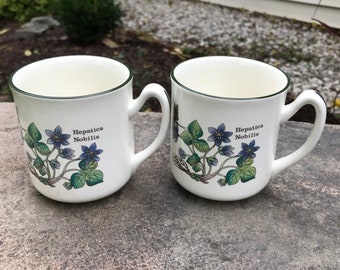 Vintage Pair of Prinknash Pottery Florabunda Mugs, White Botanical Floral Design Mugs, Made in England, Cuthbertson