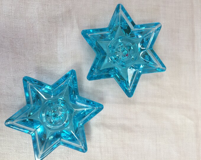 Vintage Pretty Blue Glass Star Candle Holders, Set of 2 Aqua Blue Taper Candle Holders, Heavy